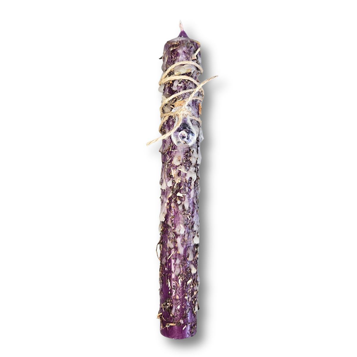 Ritualkerze in Aubergine mit Glasfläschchen, Vervain, Tulsi und Lavendelöl – für Transformation und innere Stärke.