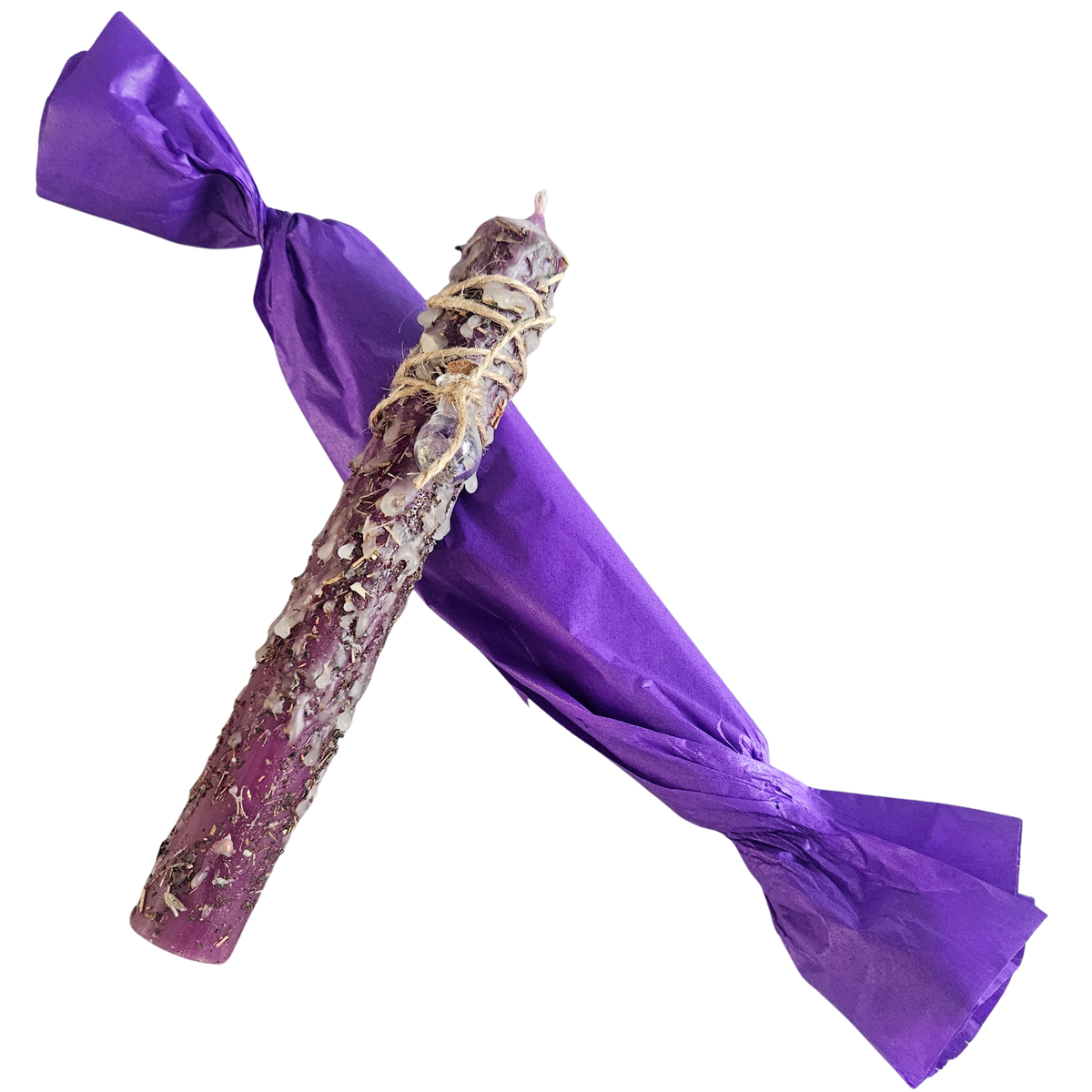 Ritualkerze in Aubergine mit Glasfläschchen, Vervain, Tulsi und Lavendelöl in violettem Seidenpapier verpackt– für Transformation und innere Stärke.