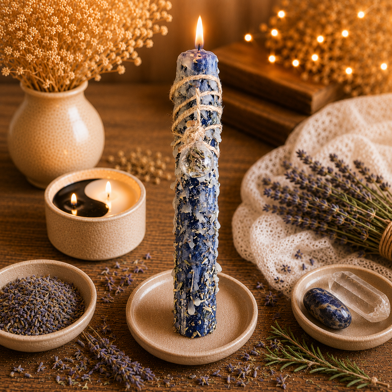 Brennende dunkelblaue Ritualkerze für Intuition und innere Stimme in mystischer Ritualszene