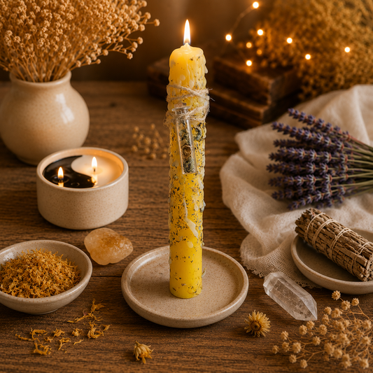 Ritualkerze Gelb in magische Erfolgs- und Freude-Kerze mit Calendula und Basilikum, handgefertigt von DreamOn