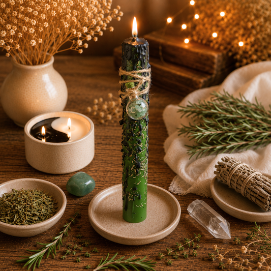Ritualkerze Grün in Kerze für Wachstum, Fülle und Heilung mit Rosmarin und Thymian, DreamOn