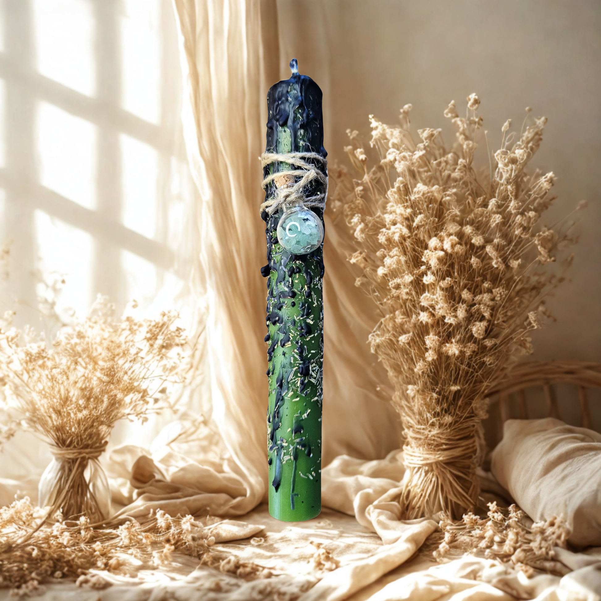 Grüne Ritualkerze für Fülle, Heilung und Wachstum – umgeben von Natur, Symbol für Erdung und Balance.