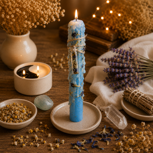 Ritualkerze Blau in Heilungs- und Friedenskerze mit Kamille und Butterfly Pea, handgemacht von DreamOn