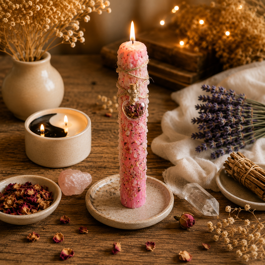 Ritualkerze Rosa –in Kerze für Liebe, Selbstliebe & Harmonie mit Rosenblättern und Jasmin, DreamOn