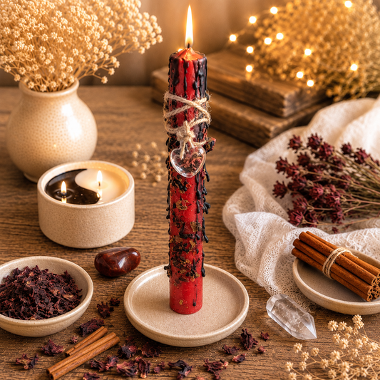 Ritualkerze Rot  in Leidenschafts- und Mut-Kerze mit Hibiskus, Rosenblättern und Zimt, DreamOn