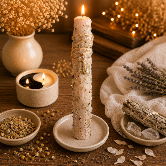 Brennende taupefarbene Ritualkerze für Loslassen und Neubeginn in ruhiger Ritualszene