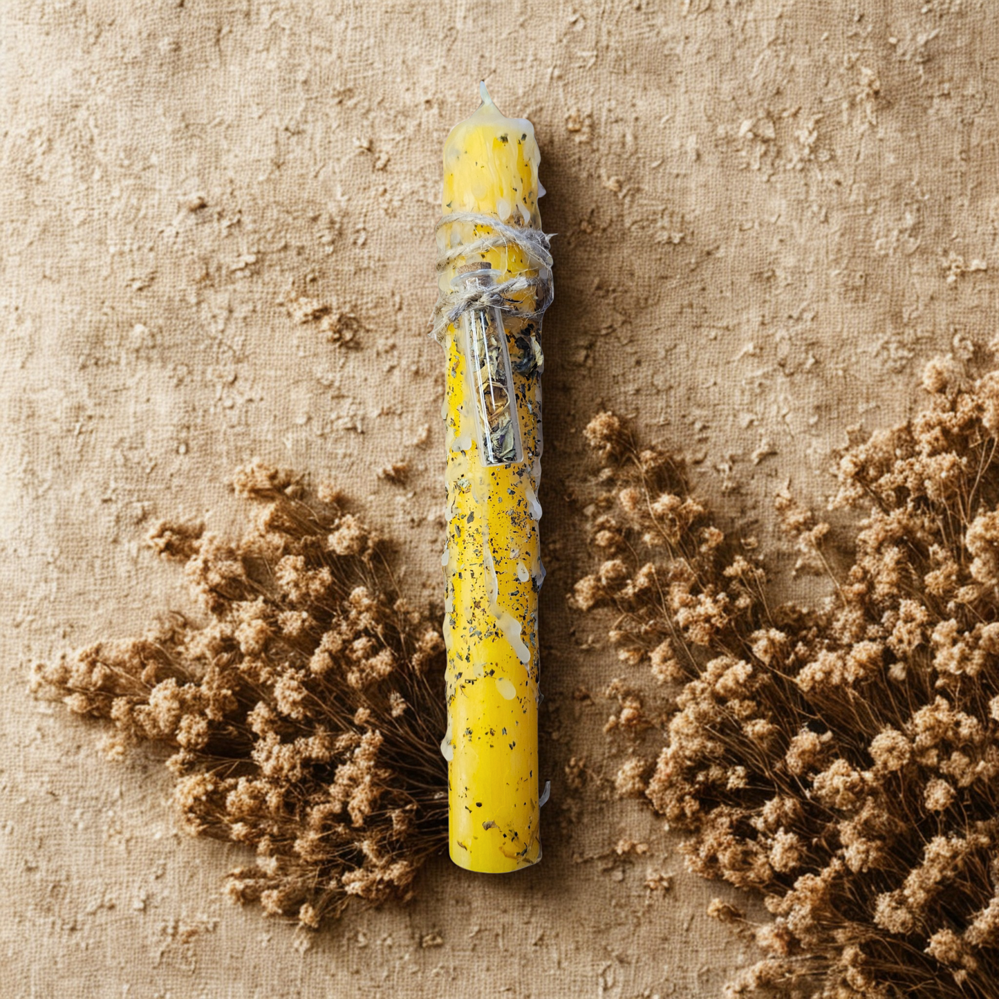 Gelbe Ritualkerze für Lebensfreude, Kreativität und Optimismus – mit Calendula, Basilikum und Orangenöl, handgegossen für sonnige Rituale.