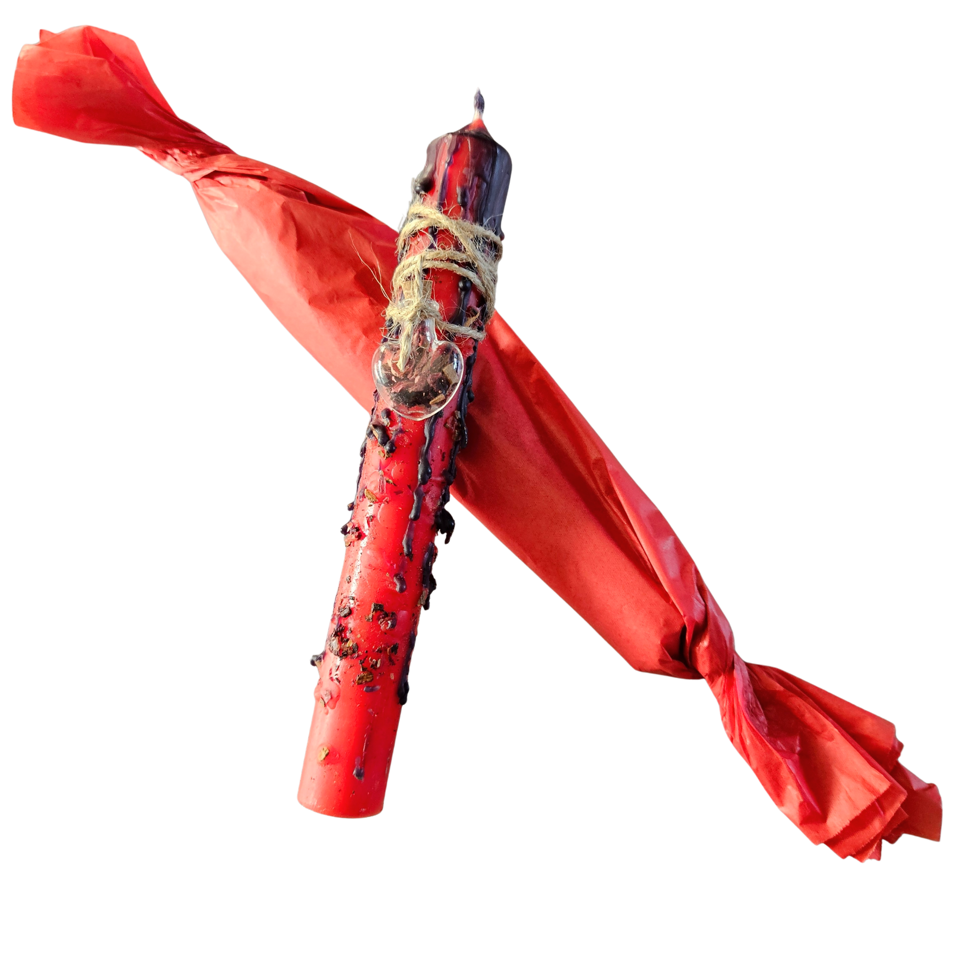 Ritualkerze in Rot mit Glasfläschchen, Hibiskus, Zimt und Rosenöl in rotem Seidenpapier verpackt– für Herzensenergie, Leidenschaft und Schutz.