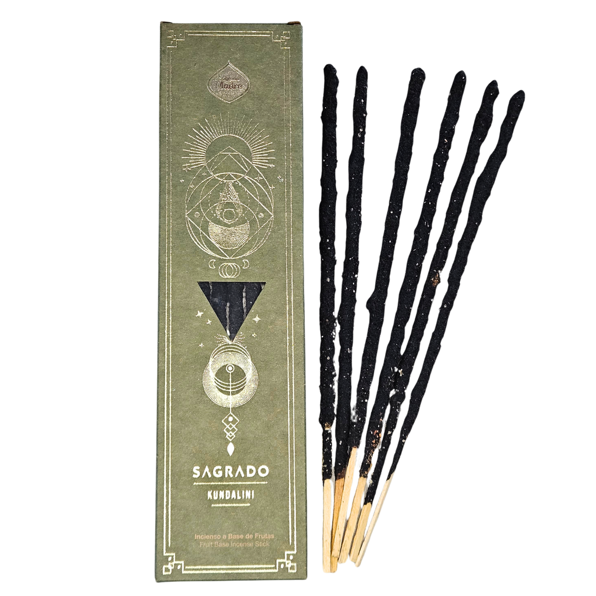 Sagrada Madre Sacred Line Kundalini Räucherstäbchen in grüner Verpackung mit einem handgerollten Räucherstab für Meditation und Energiearbeit