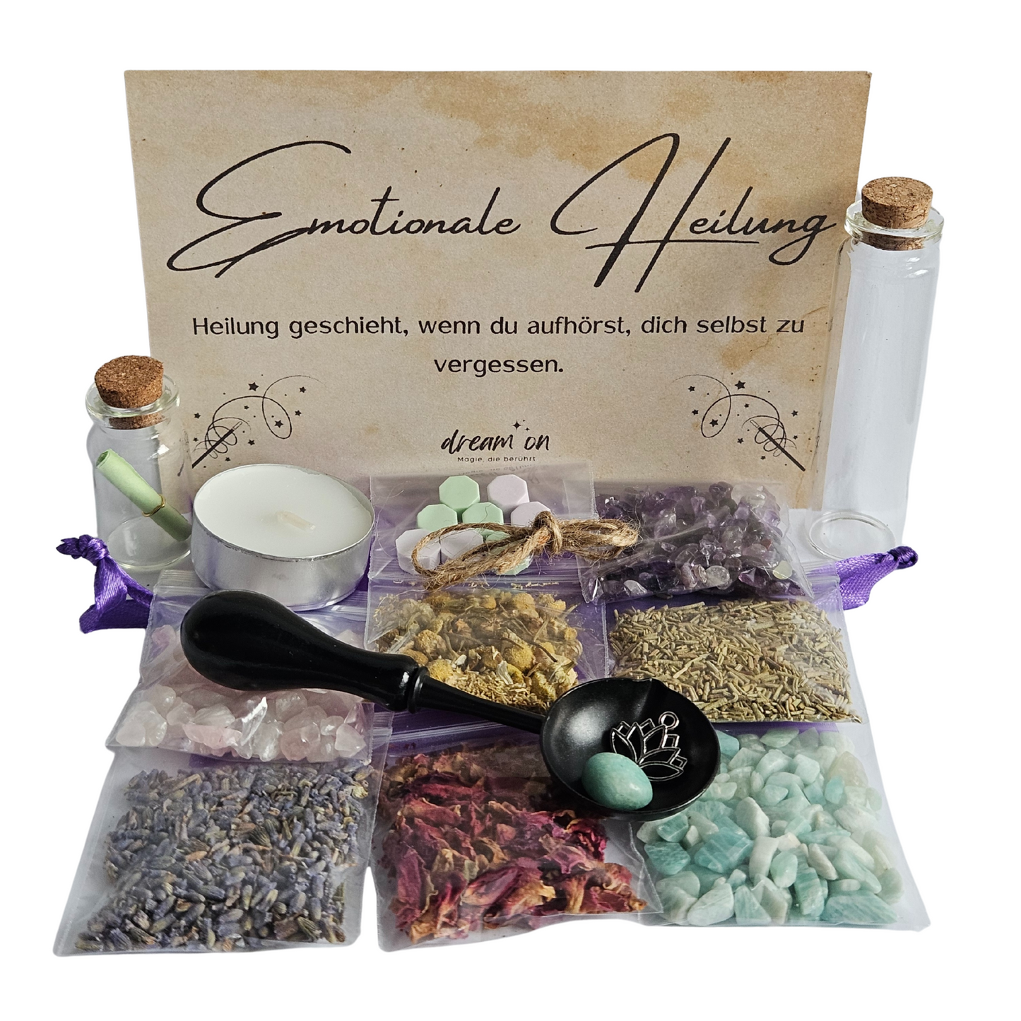 Komplettes DIY-Set für emotionale Heilung – Spell Jar Kit mit Kristallen, Blüten, Anleitung & Gläschen