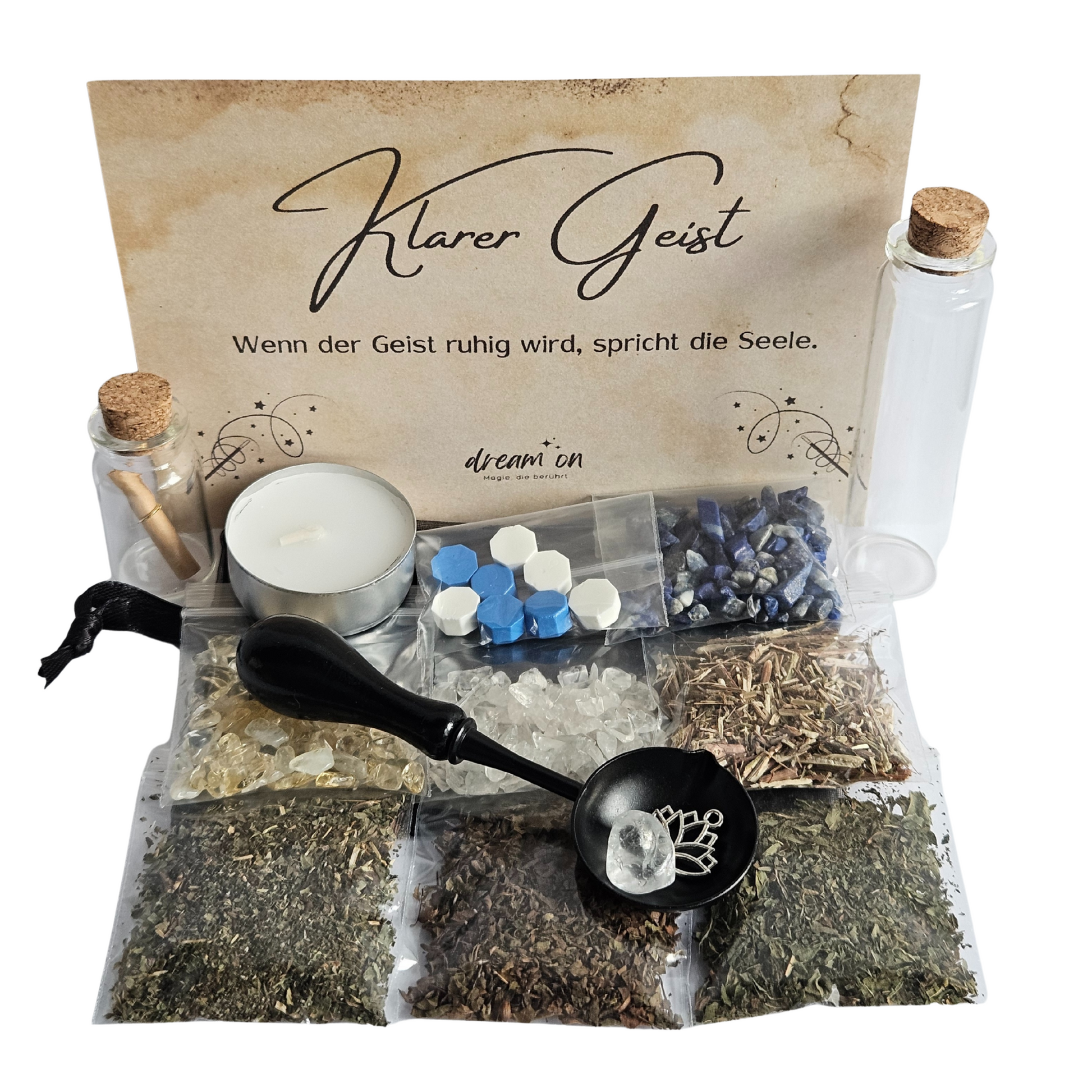 Zutatenansicht: lichtvolle Kräuter, heilende Kristalle & Symbole für geistige Weite