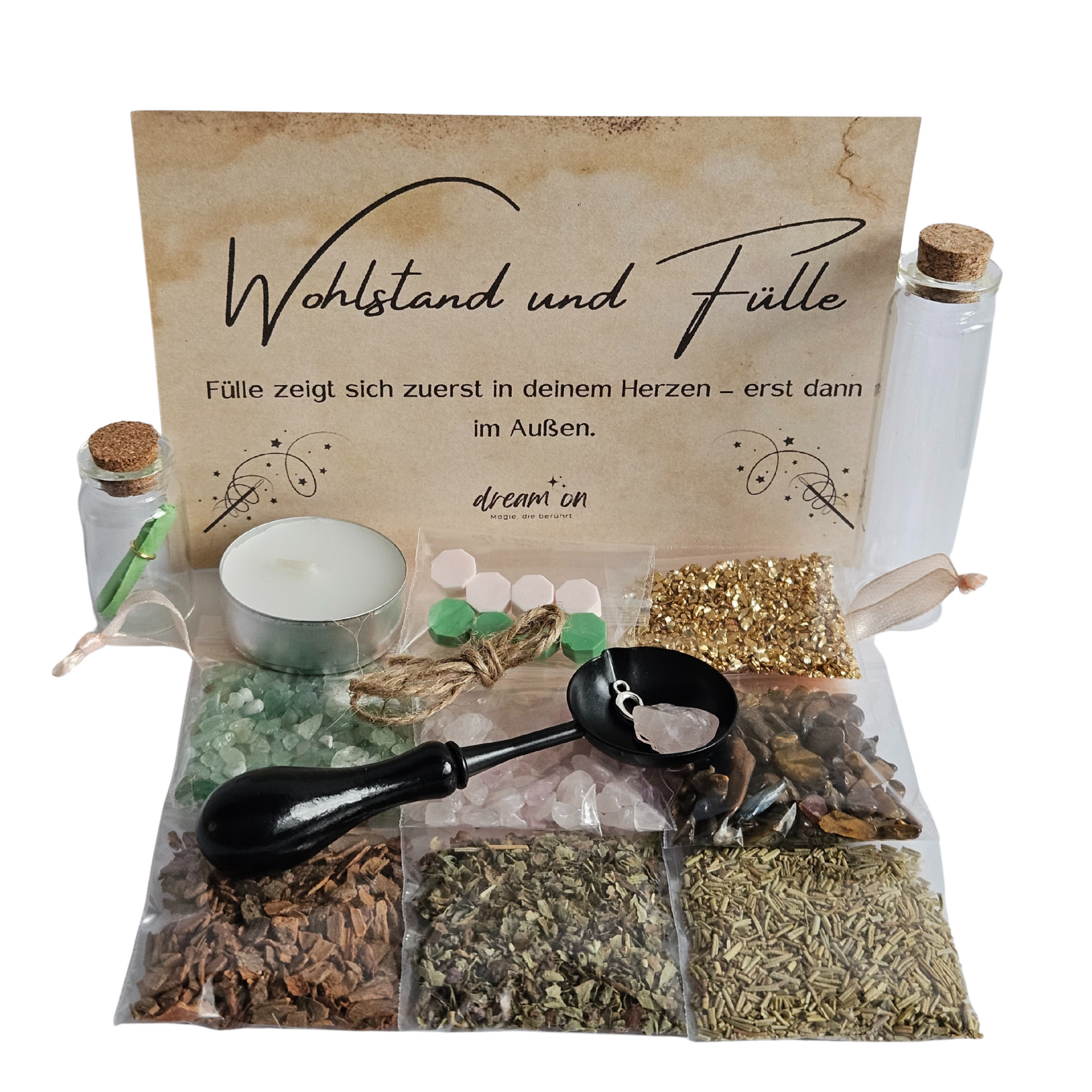 Zutatenaufnahme: grüne Kristalle, Zimt & Fülle-Symbol für deine Manifestation