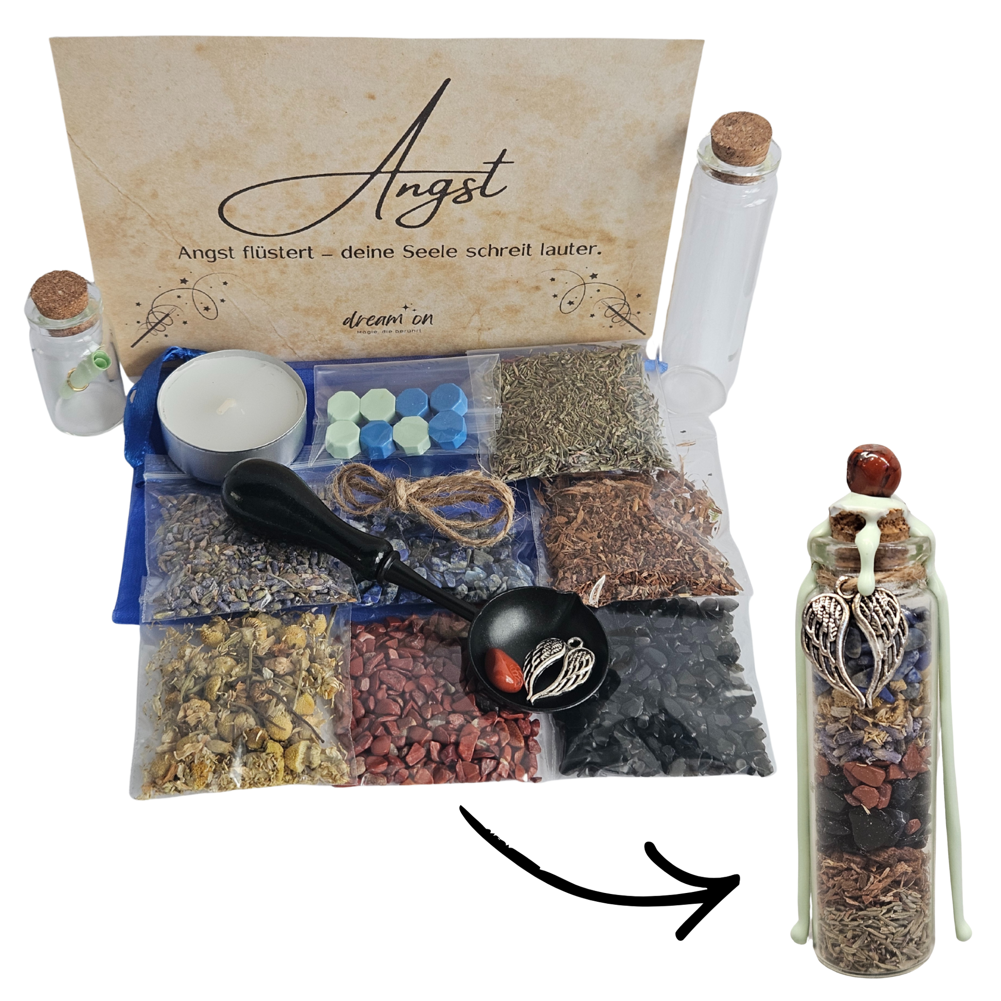 DIY-Kreativset Angst loslassen von DreamOn zum Selbermachen eines Wunschglases. Abgebildet sind Kräuter (Thymian, Eichenrinde, Kamille), Kristalle (Obsidian, Jaspis, Lapislazuli), zwei Glasfläschchen, Zubehör zum Versiegeln und ein fertiges Glas mit passendem Wachssiegel.