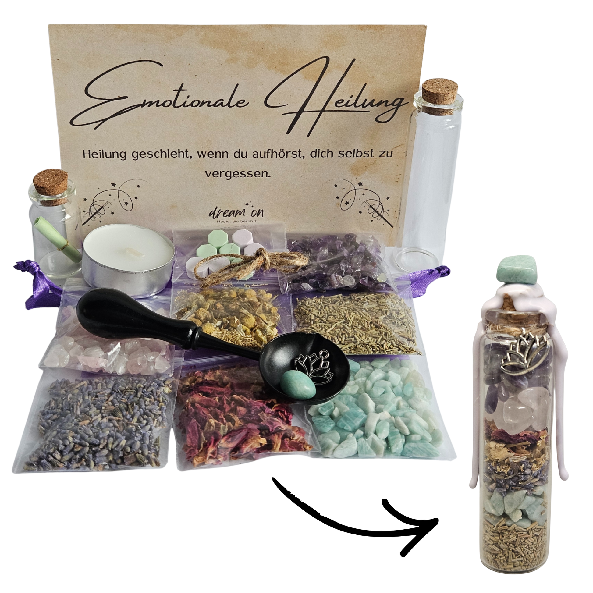 DIY-Kreativset Seelenfrieden von DreamOn zum Selbermachen eines Wunschglases. Abgebildet sind Kräuter (Rosenblätter, Kamille, Rosmarin), Kristalle (Amethyst, Rosenquarz, Amazonit), zwei Glasfläschchen, Zubehör zum Versiegeln und ein fertiges Glas mit passendem Wachssiegel.