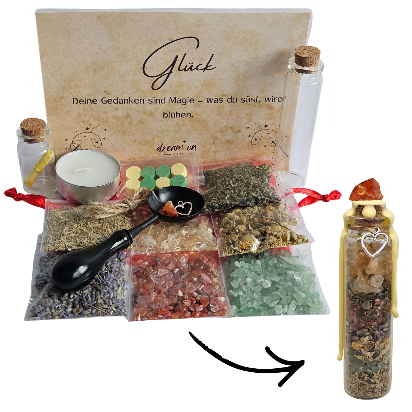 DIY-Kreativset Glück von DreamOn zum Selbermachen eines Wunschglases. Abgebildet sind Kräuter (Pfefferminze, Rosmarin, Kamille), Kristalle (Citrin, Karneol, Aventurin), zwei Glasfläschchen, Zubehör zum Versiegeln und ein fertiges Glas mit gelb-orangefarbenem Wachssiegel.