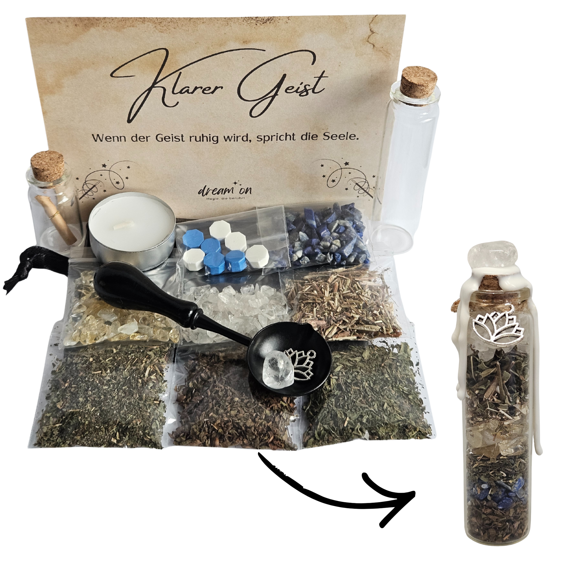 DIY-Kreativset Klarer Geist von DreamOn zum Selbermachen eines Wunschglases. Abgebildet sind Kräuter (Pfefferminze, Zitronenmelisse, Tulsi, Vervain), Kristalle (Bergkristall, Lapislazuli, Citrin), zwei Glasfläschchen, Zubehör zum Versiegeln und ein fertiges Glas mit passendem Wachssiegel.