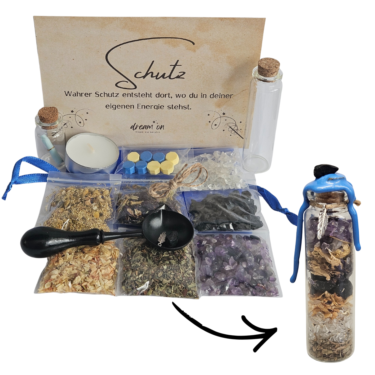 DIY-Kreativset Schutz von DreamOn zum Selbermachen eines Wunschglases. Abgebildet sind Kräuter (Basilikum, Kamille, Schmetterlingserbse), Kristalle (Schwarzer Turmalin, Amethyst, Bergkristall), zwei Glasfläschchen, Zubehör zum Versiegeln und ein fertiges Glas mit dunklem Wachssiegel.