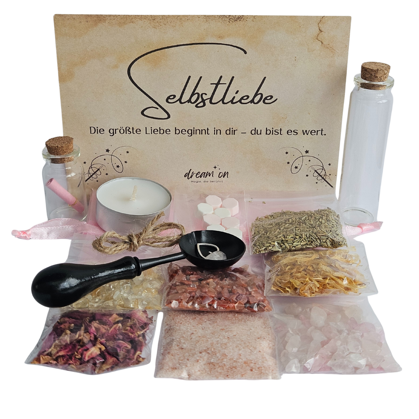 DIY-Set für Selbstliebe & inneren Wert – Spell Jar Kit mit Anleitung, Rosenquarz & Blüten