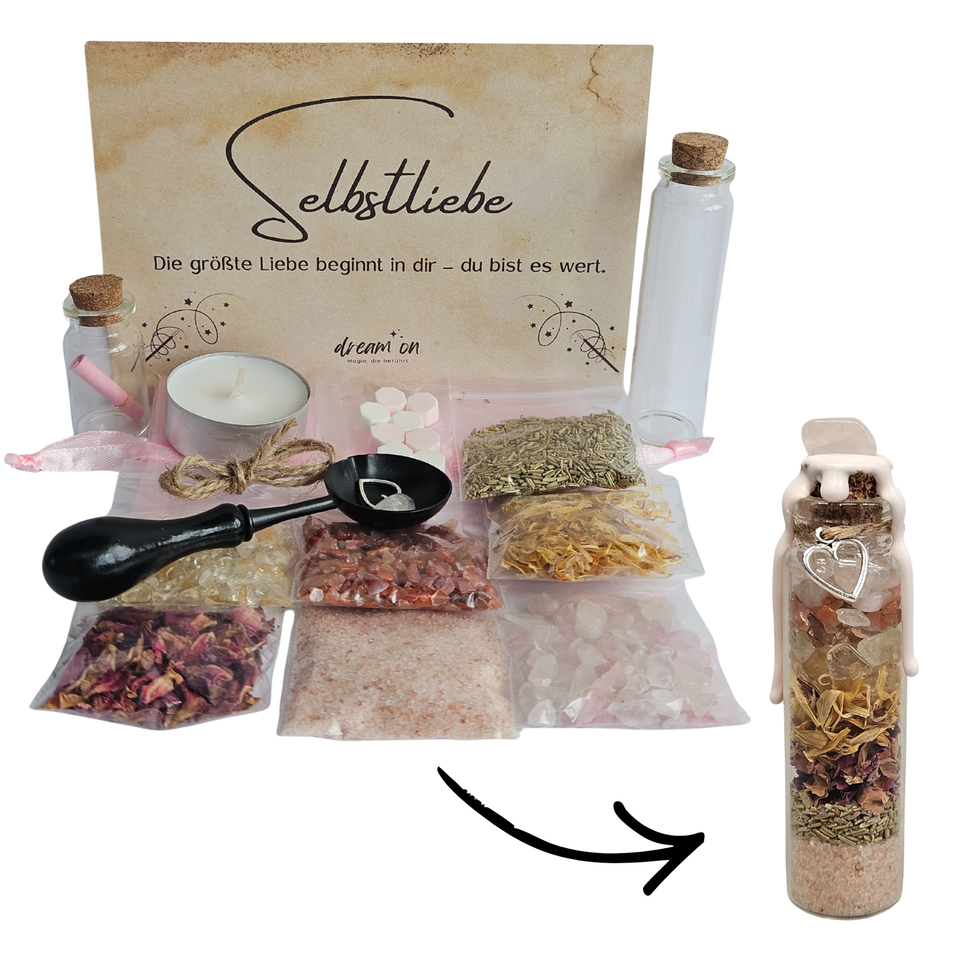 DIY-Kreativset Selbstliebe von DreamOn zum Selbermachen eines Wunschglases. Abgebildet sind Kräuter (Rosenblätter, Ringelblume, Rosmarin), Kristalle (Rosenquarz, Citrin, Karneol), zwei Glasfläschchen, Zubehör zum Versiegeln und ein fertiges Glas mit zartrosa Wachssiegel.