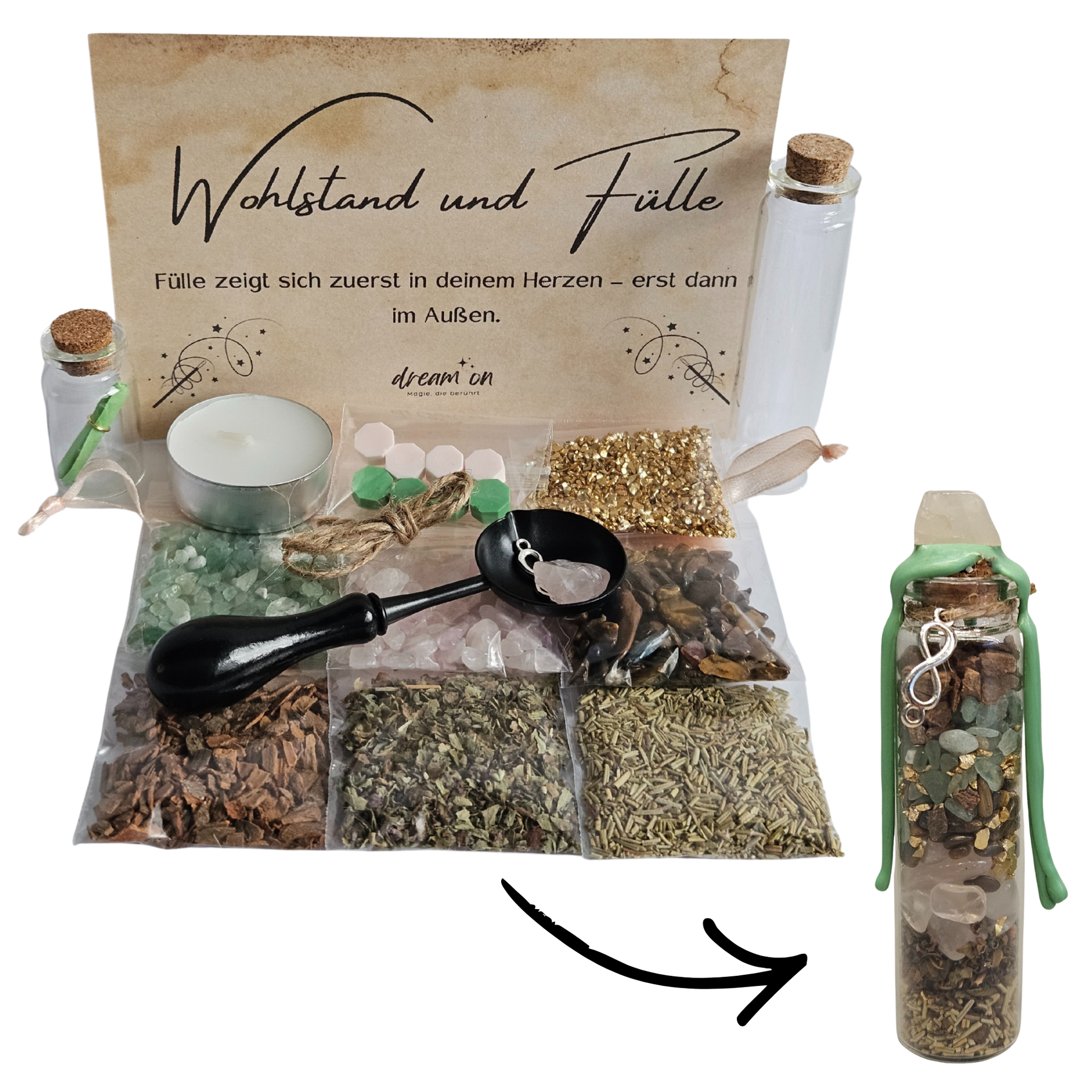 DIY-Kreativset Fülle von DreamOn zum Selbermachen eines Wunschglases. Abgebildet sind Kräuter (Zimt, Basilikum, Rosmarin), Kristalle (Aventurin, Tigerauge, Rosenquarz), Goldflocken, zwei Glasfläschchen, Zubehör zum Versiegeln und ein fertiges Glas mit passendem Wachssiegel.