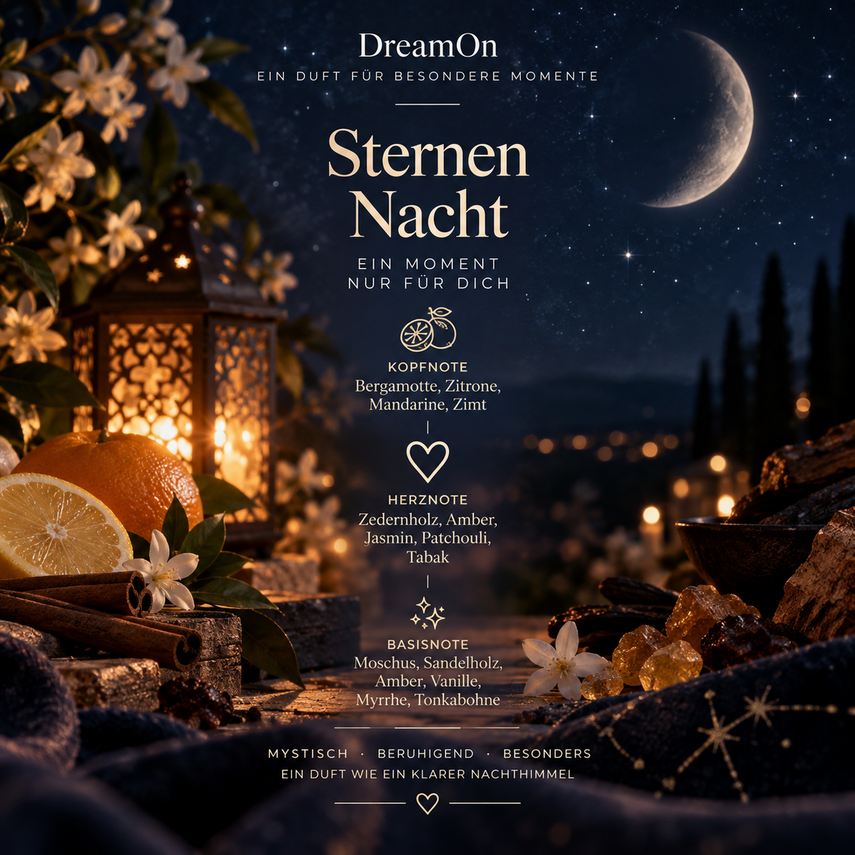 DreamOn Duft Träume mit Bergamotte, Zitrone, Zedernholz, Jasmin, Sandelholz und Vanille vor einem stimmungsvollen Sternenhimmel.