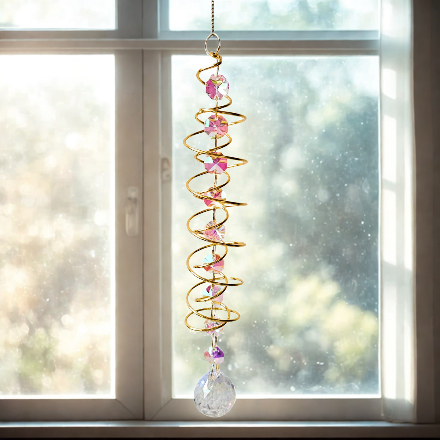 Goldener Suncatcher mit rosafarbenen Kristallperlen und funkelndem Kristallprisma, hängend vor einem sonnendurchfluteten Fenster.