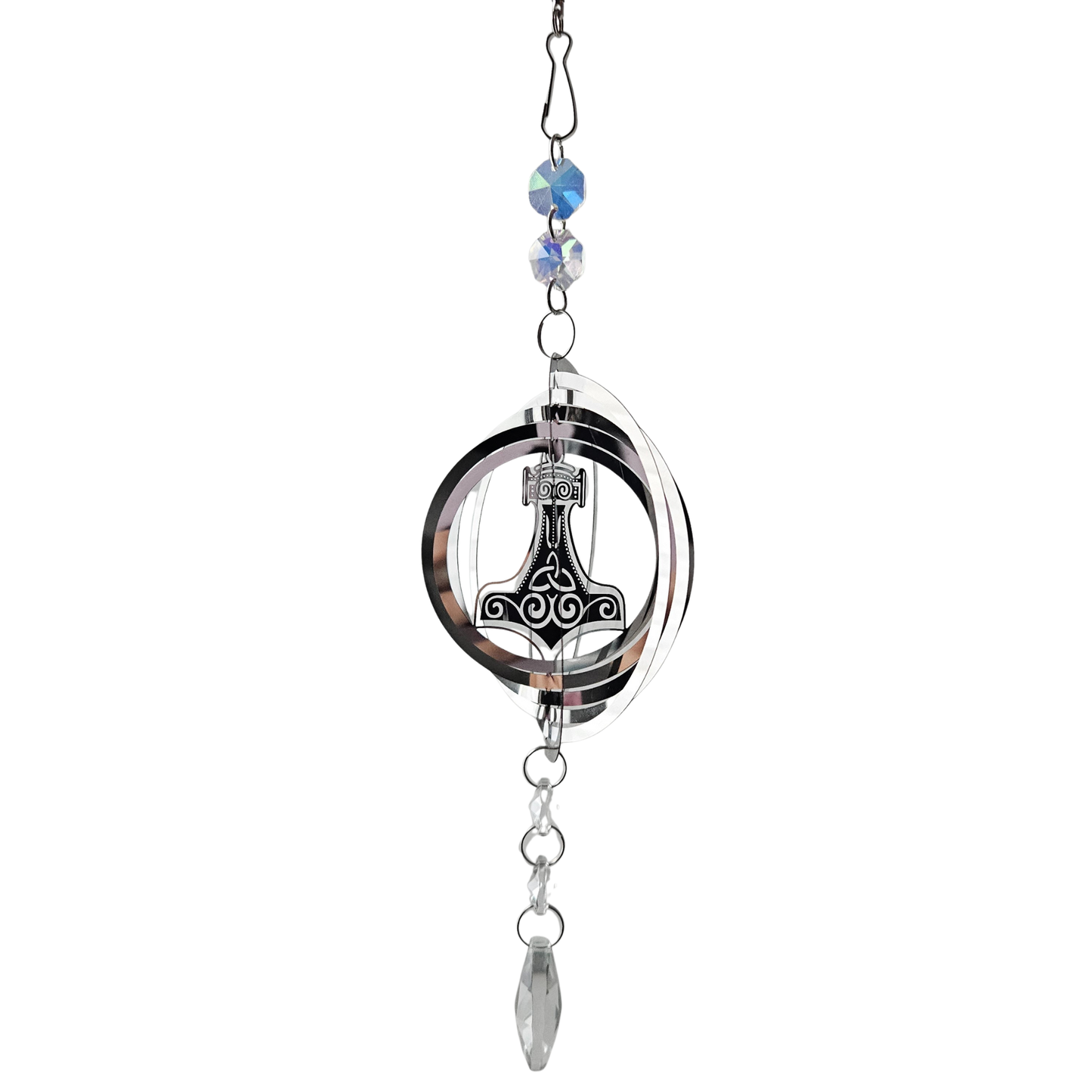 Metall-Suncatcher Windspiel mit Thorhammer-Symbol und klaren Kristallelementen.