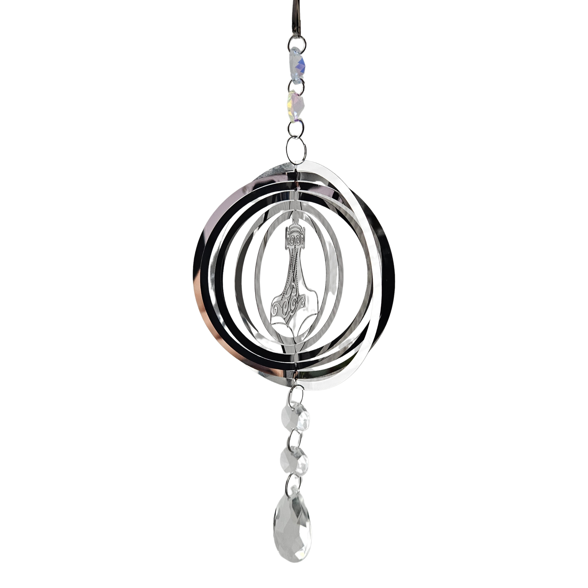 Edelstahl-Suncatcher Windspiel mit Mjölnir Symbol und facettiertem Kristallanhänger.