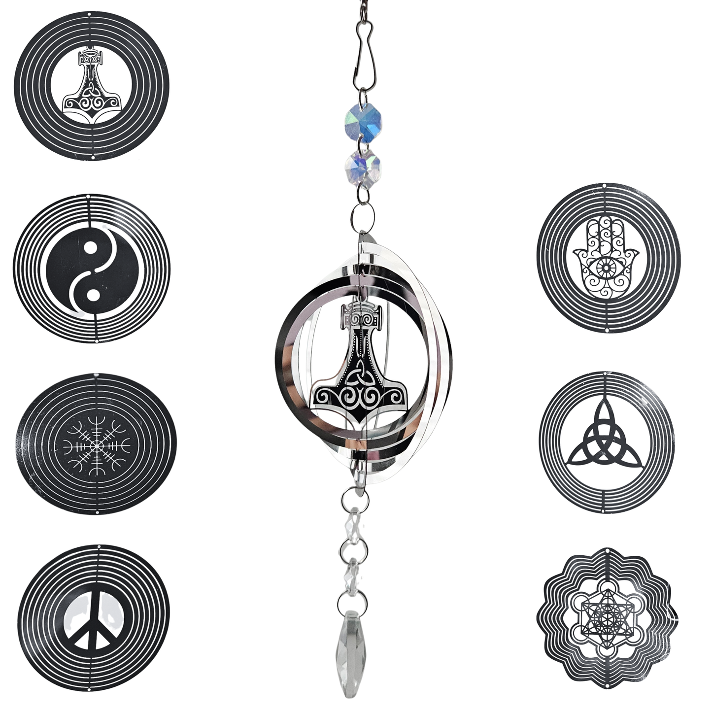 Metall-Suncatcher Windspiel mit Mjölnir Thorhammer und Kristall, Edelstahl-Symbol in runden Elementen.