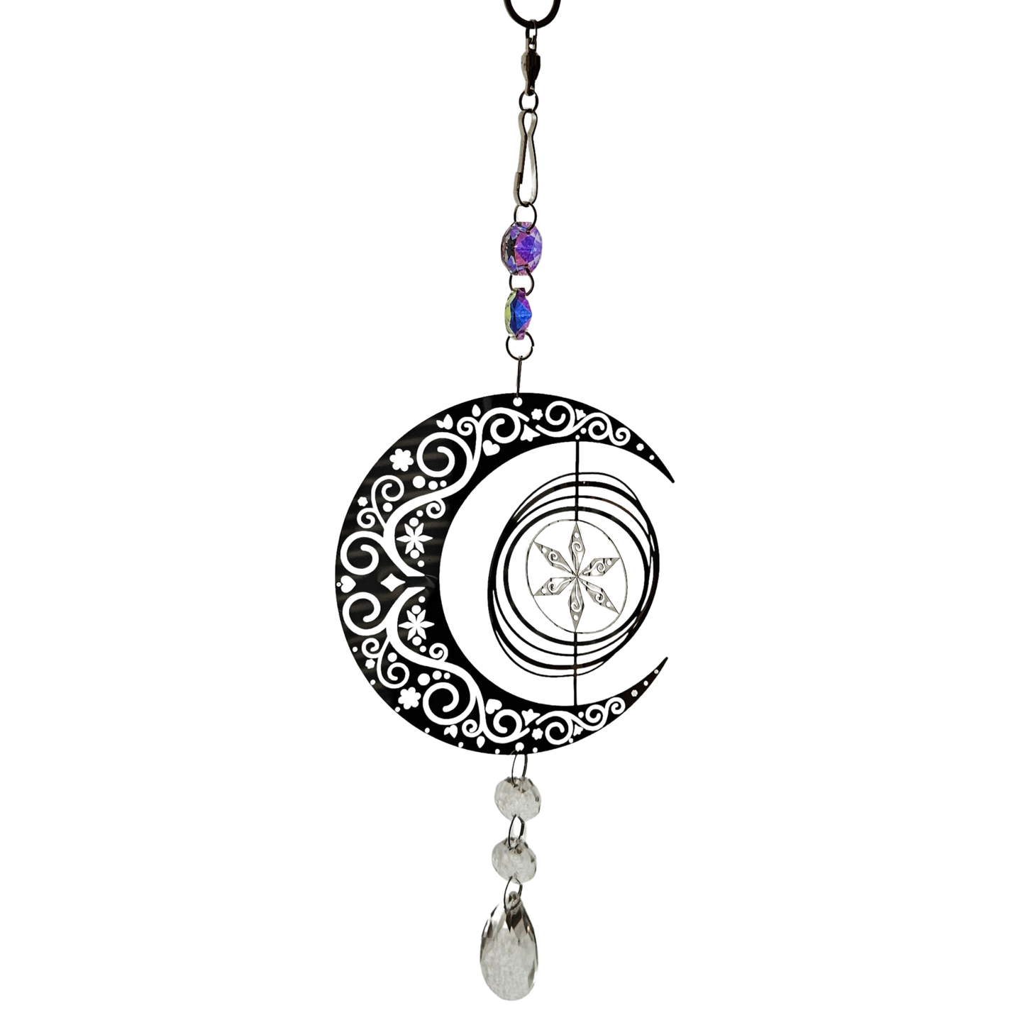 Metall-Suncatcher Windspiel in Mondform mit Sternenblume und Kristallanhänger.
