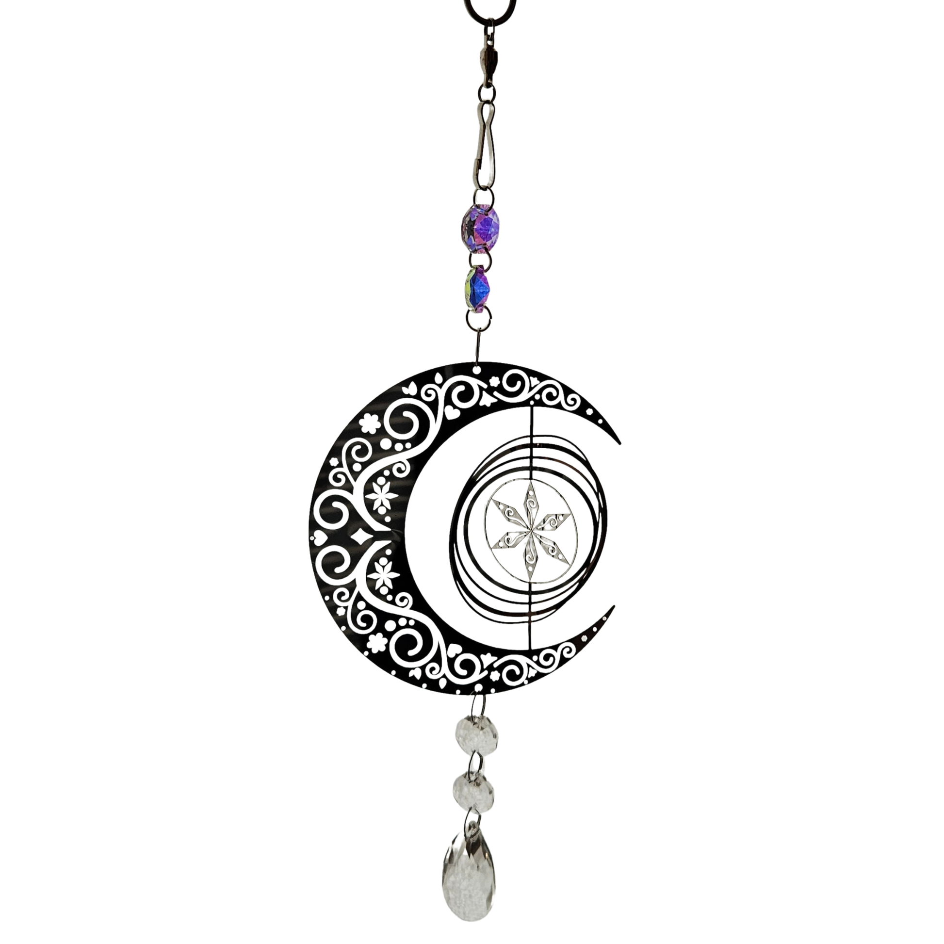 Metall-Suncatcher Windspiel in Mondform mit Sternenblume und Kristallanhänger.