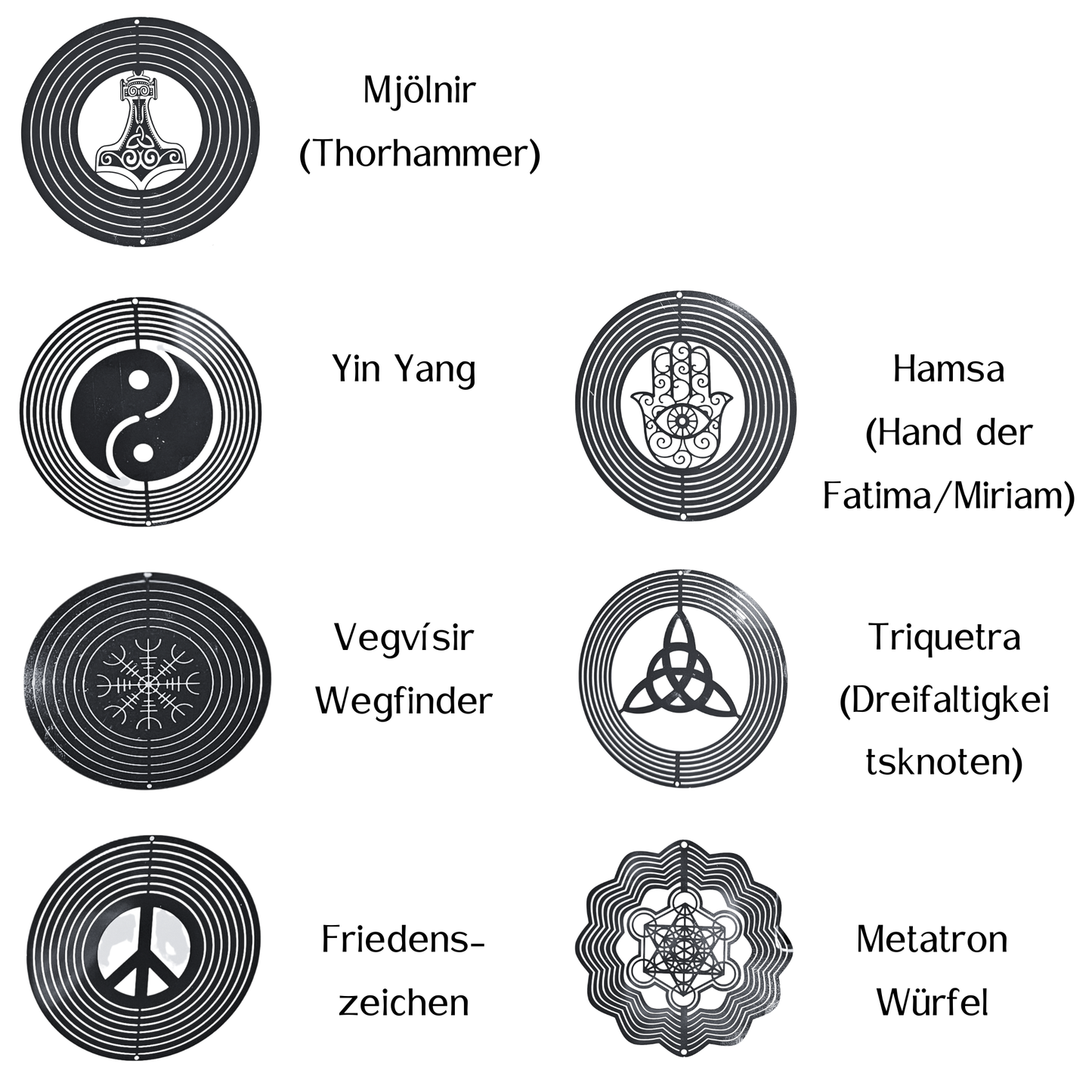 Auswahl verschiedener Metall-Symbole für Suncatcher: Mjölnir, Yin Yang, Hamsa, Vegvisir, Triquetra, Friedenszeichen und Metatron Würfel.