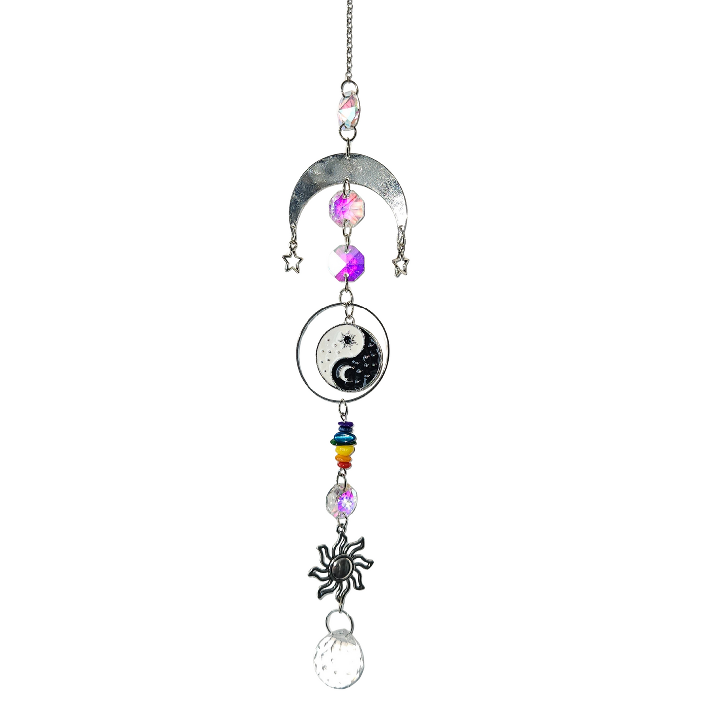 Spiritueller Suncatcher mit Sonne, Mond, Yin-Yang-Symbol & Chakra-Steinen – Lichtfänger für Harmonie & energetische Balance
