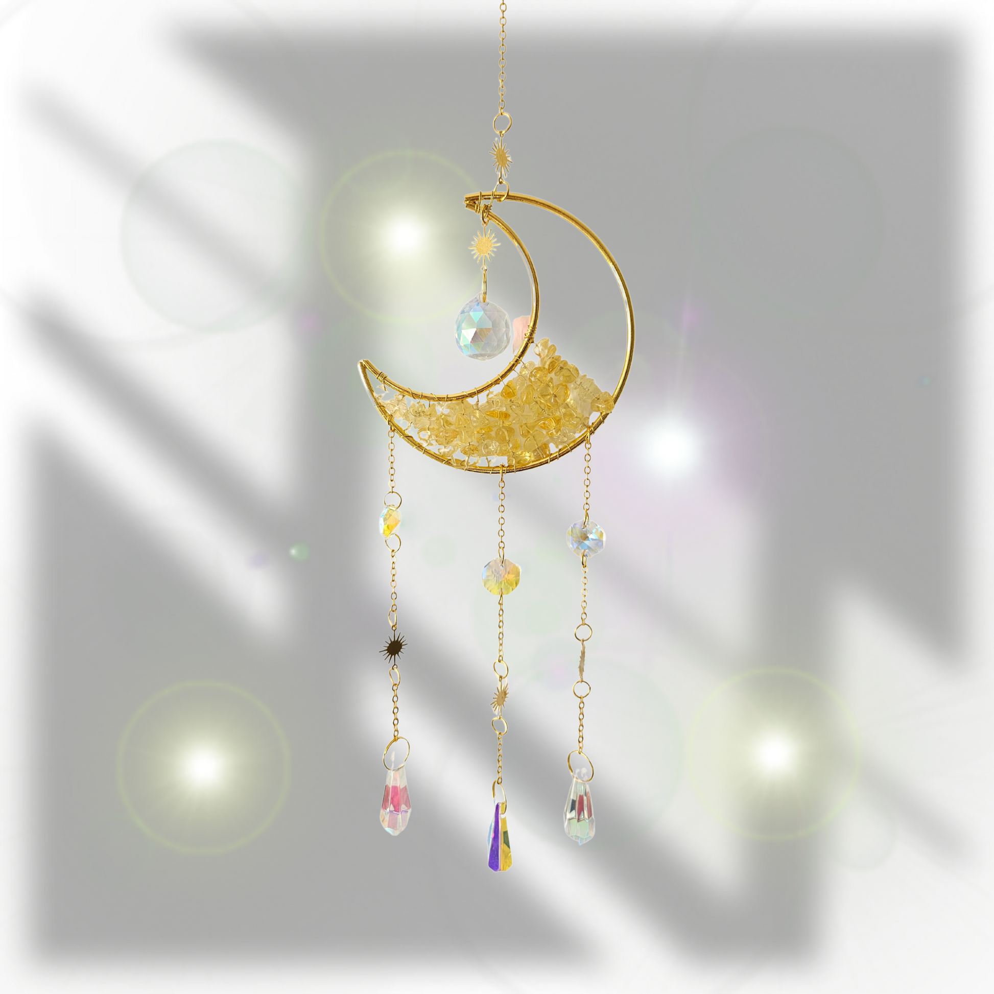 Großer Suncatcher mit Citrin und goldenen Akzenten – im funkelnden Sonnenschein, Sonnenlichtfänger für Lebensfreude & Wohlstand