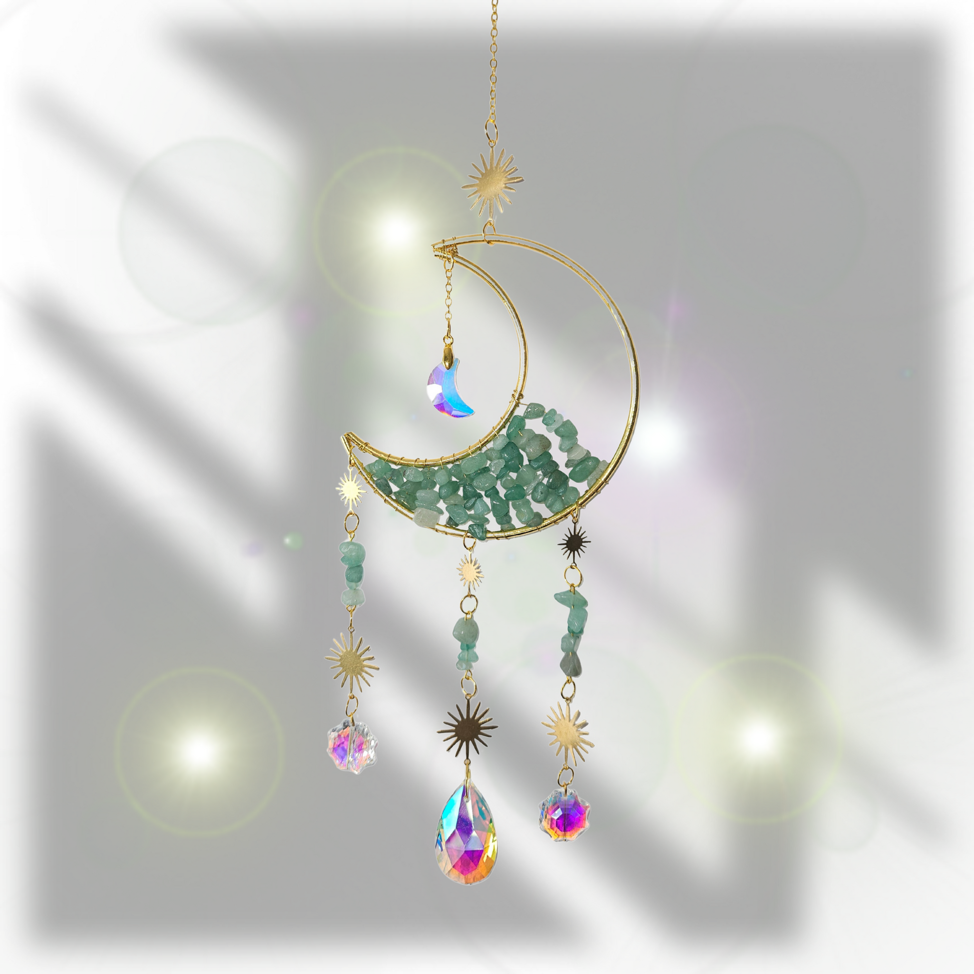 Großer Suncatcher mit Aventurin & Gold – im funkelnden Sonnenschein, Lichtfänger für Ausgleich, Leichtigkeit & Herzensfreude