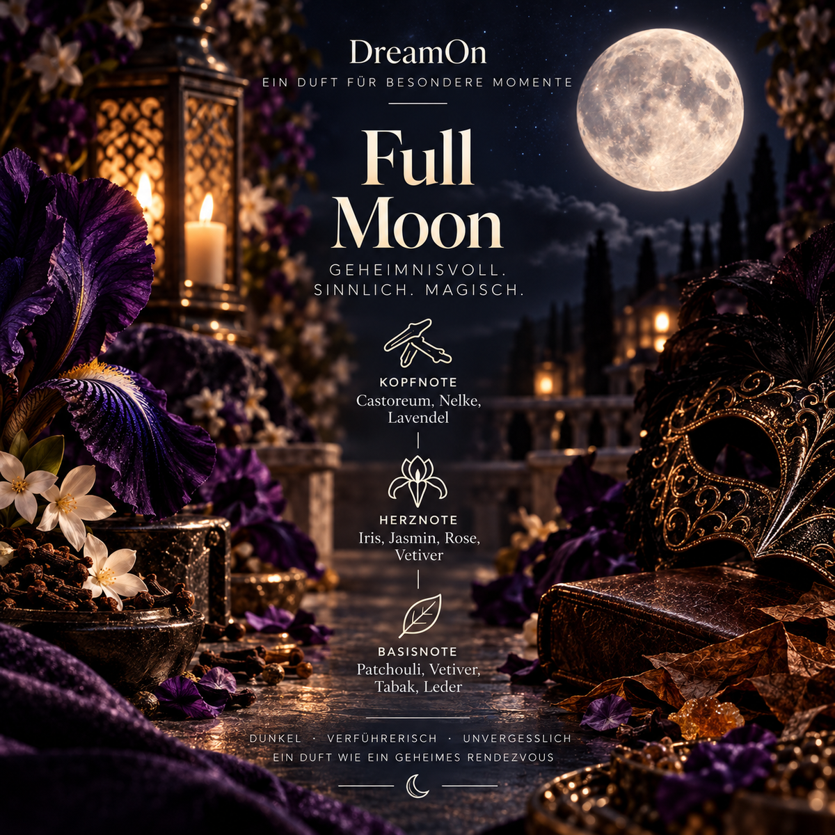 Full Moon Duftkomposition mit Iris, Rose, Patchouli und warmen dunklen Noten – DreamOn 