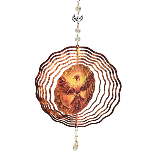 Metall-Windspinner Phönix frontal – 3D-Ringe & Kristalltropfen