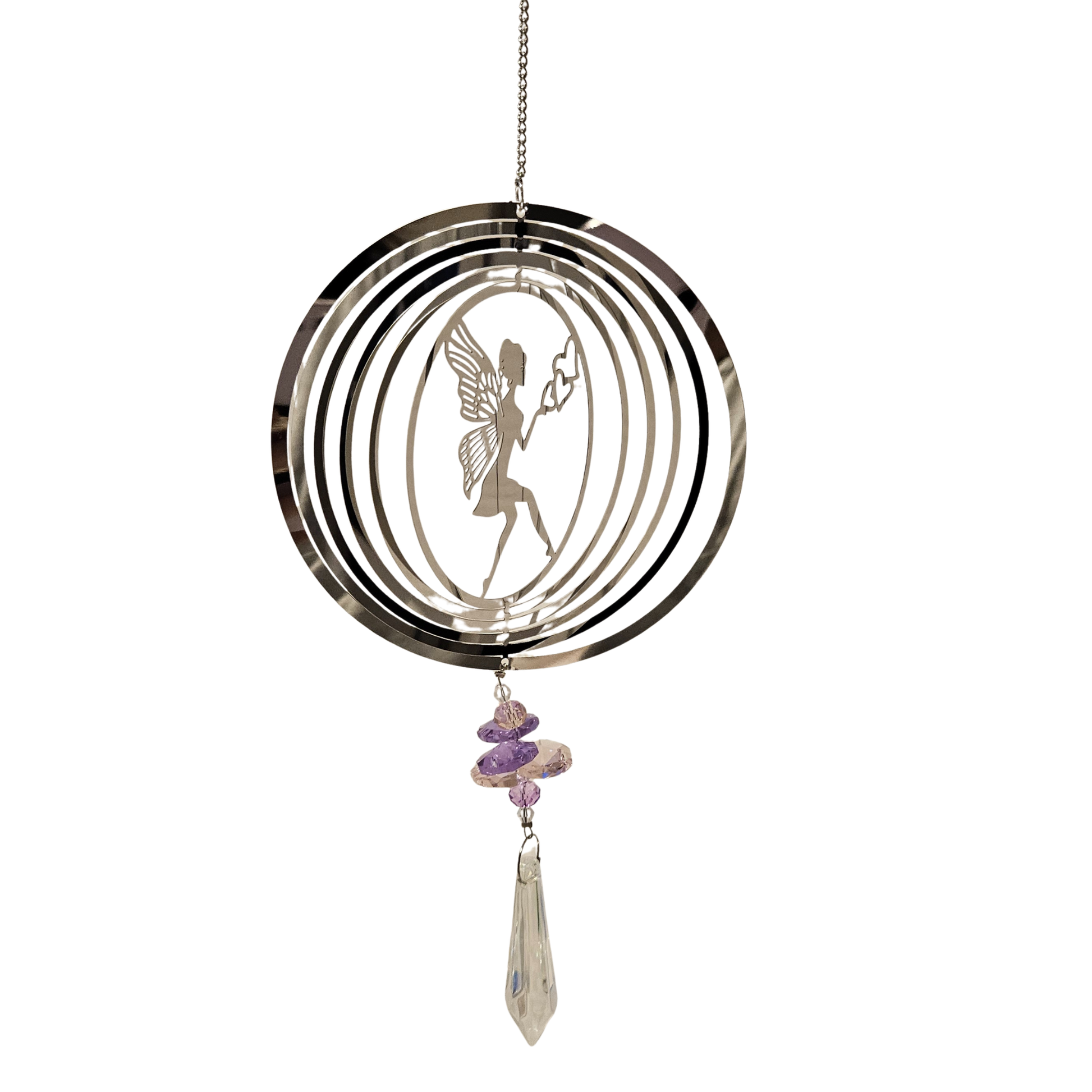 Edelstahl-Windspiel Fee mit Kristalltropfen vor Fenster