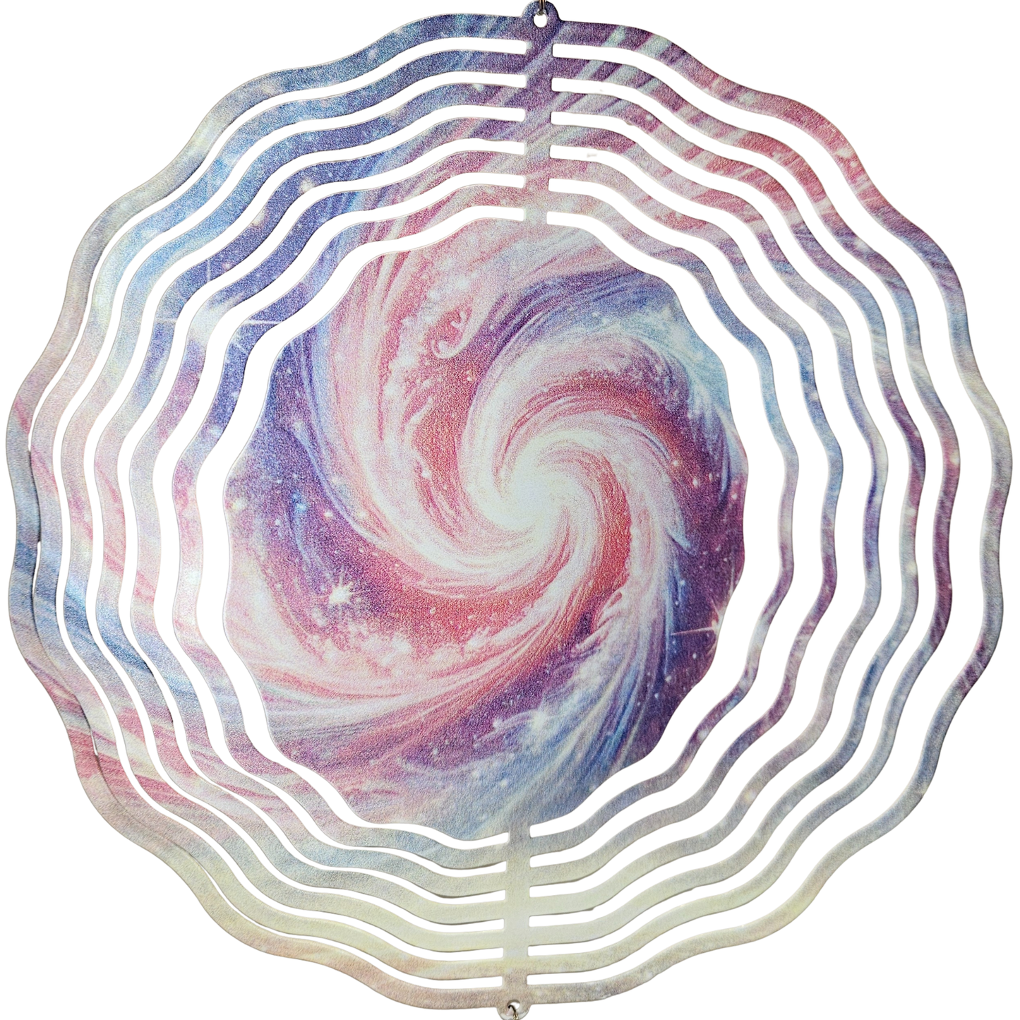 Nahaufnahme Sternenwirbel – kosmisches Rosa-Blau Motiv in runder Metallform