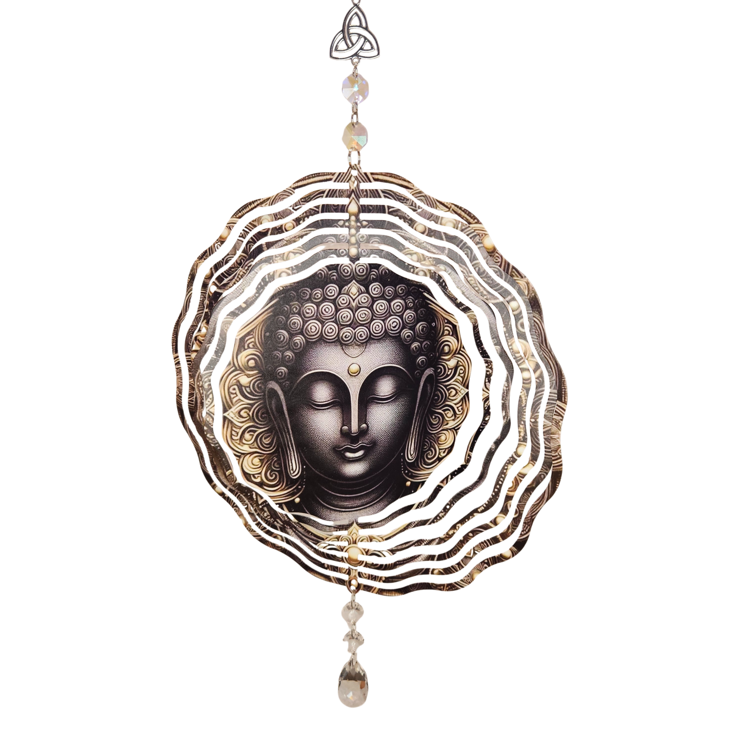 Windspinner mit Buddha-Motiv in Gold und Schwarz, mit 3D-Metallringen und Kristalltropfen, handveredelt – spirituelle Dekoration für Innen und Aussen.