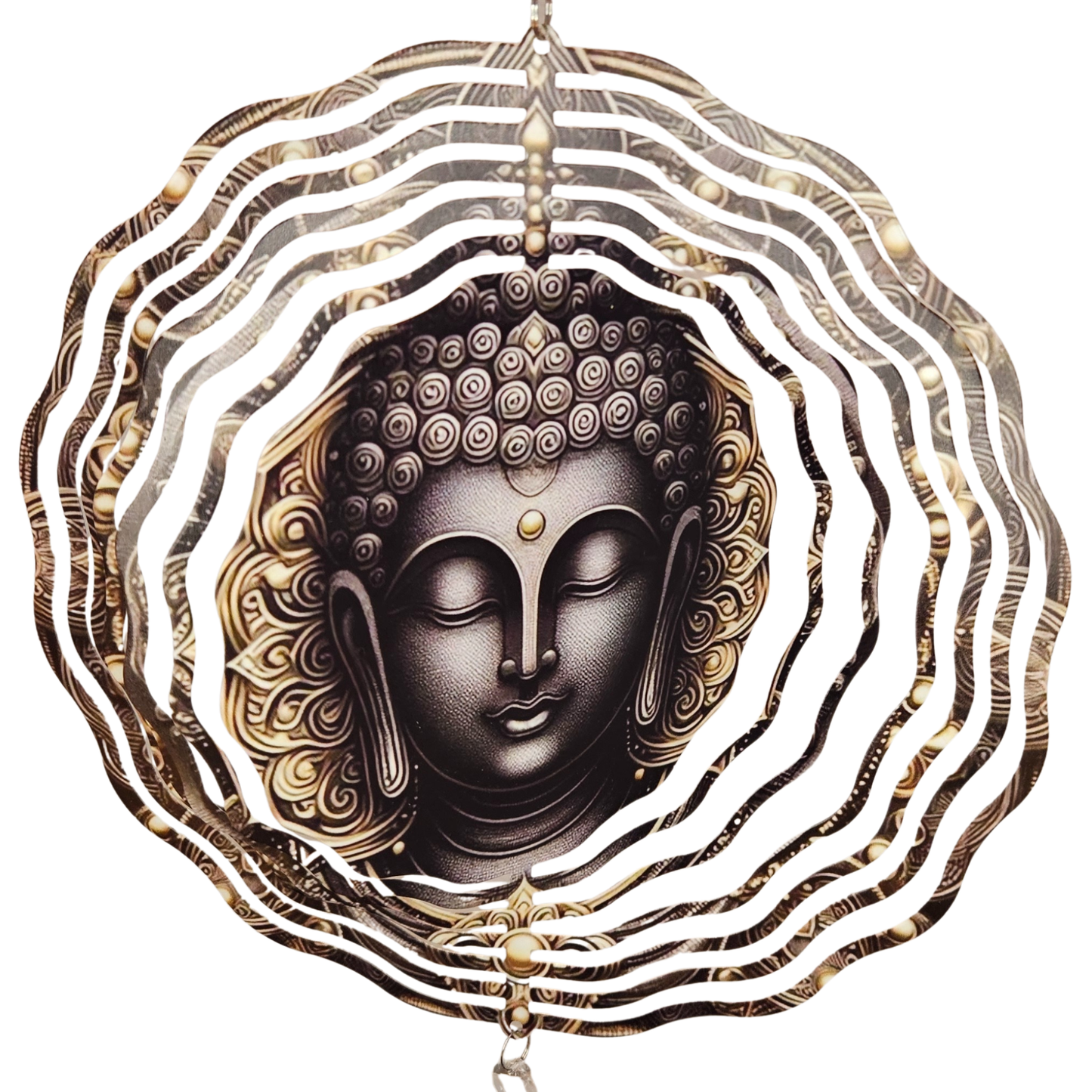 Nahaufnahme des gold-schwarzen Buddha-Motivs im Windspinner, umgeben von feinen 3D-Metallringen – beruhigende, meditative Wand- und Gartendekoration.