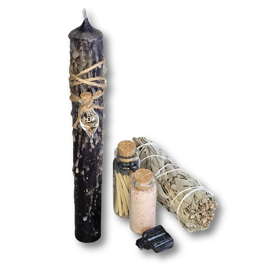 Wohnungsreinigung Ritualset mit schwarzer Kerze, Salbei, schwarzem Turmalin und Ritualsalz