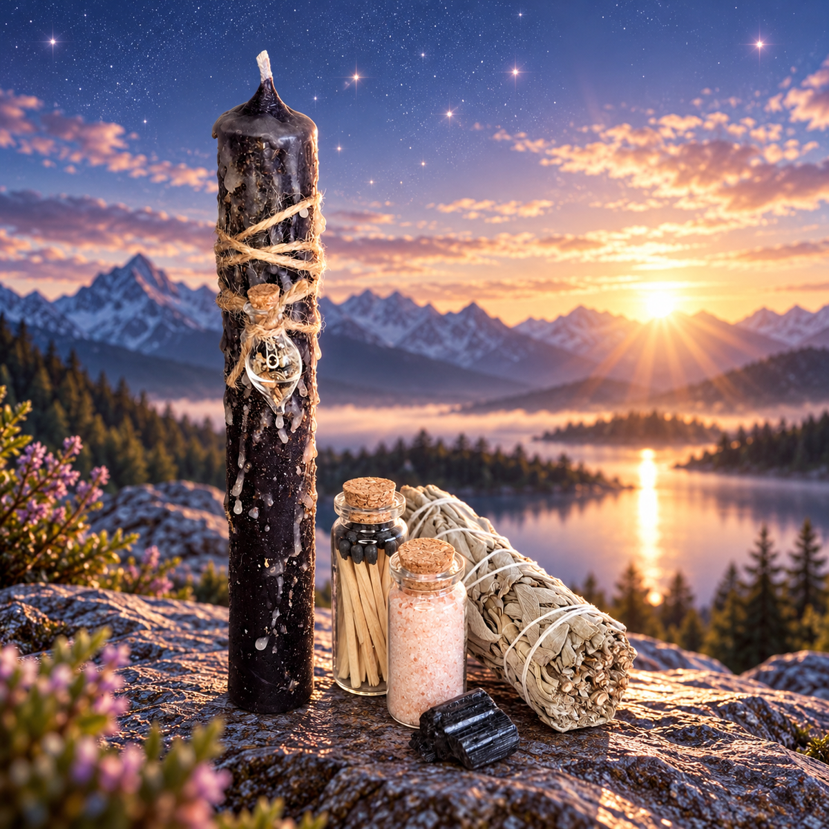 DreamOn Ritualset Wohnungsreinigung mit schwarzer Ritualkerze, Salbei-Räucherbündel, schwarzem Turmalin, Reinigungssalz und Streichhölzern vor mystischem Bergsee bei Sonnenaufgang.