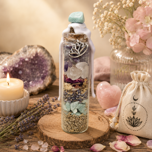 Das Wunschglas Balance steht dekorativ auf einer Holzscheibe in einer harmonischen Wohlfühloase, umgeben von getrocknetem Lavendel, einer Kerze und einem kleinen Stoffbeutel.