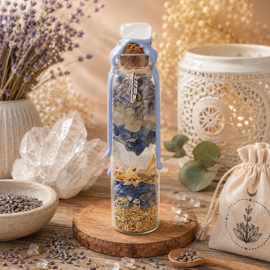 Das Wunschglas Klarheit steht auf einer runden Holzscheibe, umgeben von einer großen Bergkristall-Stufe, einer Schale mit Lavendelknospen, einer orientalischen Windlicht-Laterne und einem bedruckten Stoffbeutel.