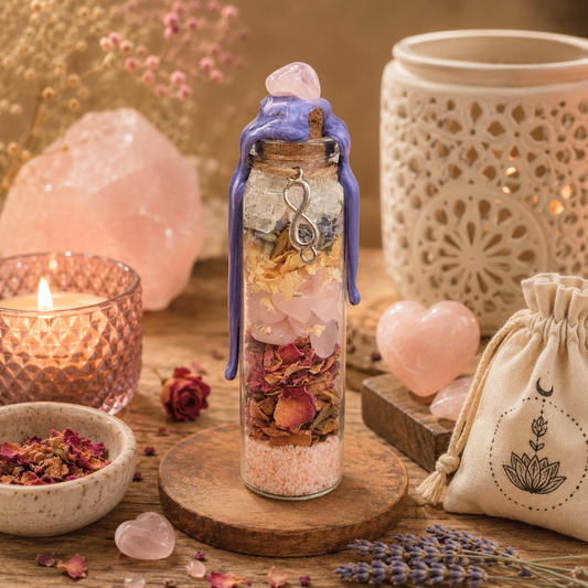 Das Wunschglas Liebe stilvoll platziert auf einem Holztablett, umgeben von kleinen Deko-Kristallen, einer brennenden Kerze und zarten, getrockneten Gräsern für eine harmonische Wohlfühlatmosphäre.