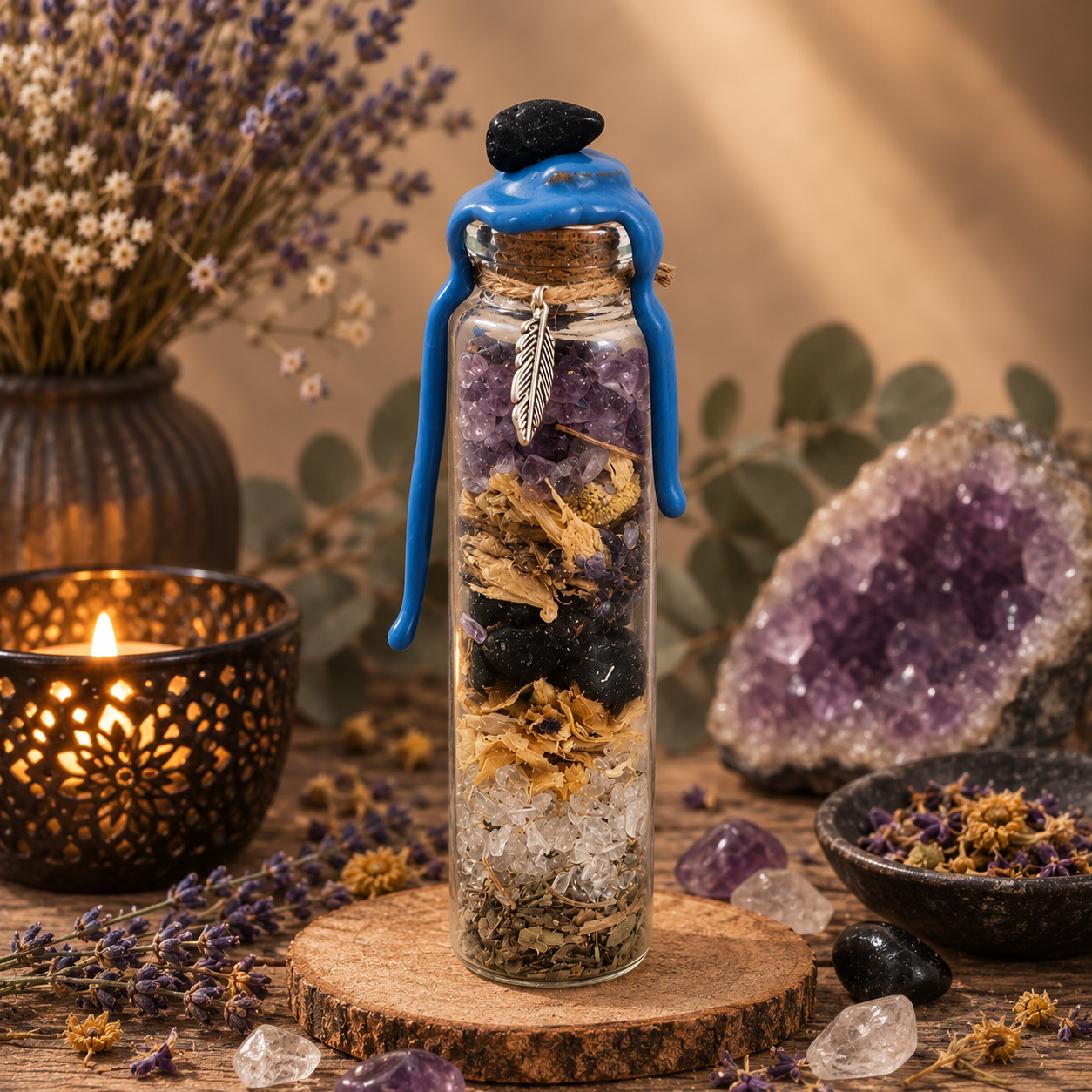 Das Wunschglas Schutz platziert auf einem Holztablett im Eingangsbereich einer Wohnung, stilvoll dekoriert mit Naturmaterialien, Bergkristall-Stufen und getrockneten Kräutern für ein harmonisches Ambiente.