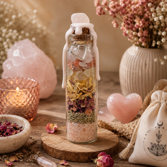 Das Wunschglas Selbstliebe steht auf einer runden Holzscheibe in einer gemütlichen Raumecke, umgeben von einer großen Rosenquarz-Stufe, getrockneten Blüten und einem hellen Stoffbeutel.