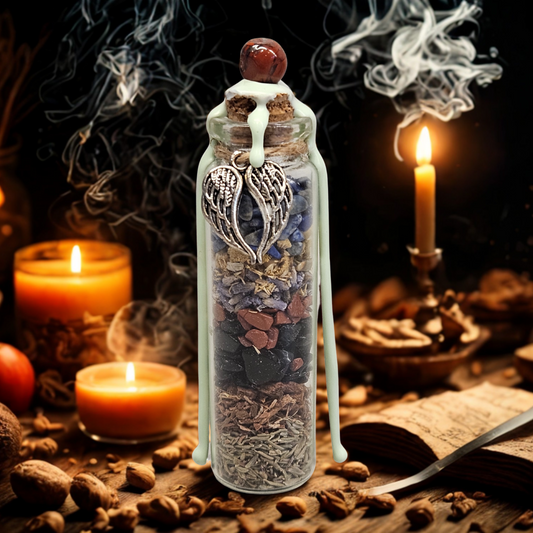 Emotionsbild Schutz-Spell Jar mit beruhigenden Zutaten wie Lavendel, Kristallen und Symbolen zur Transformation von Angst in Vertrauen und innere Ruhe
