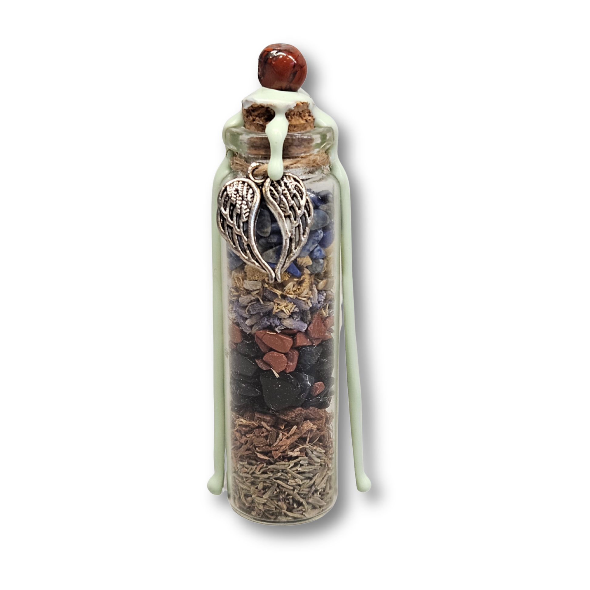 Spell Jar Angst überwinden – handgefertigtes Wunschglas mit Schwarzem Obsidian, Rotem Jaspis, Lapislazuli, Thymian, Eichenrinde, Lavendel und Kamille für Schutz, Erdung und innere Ruhe.